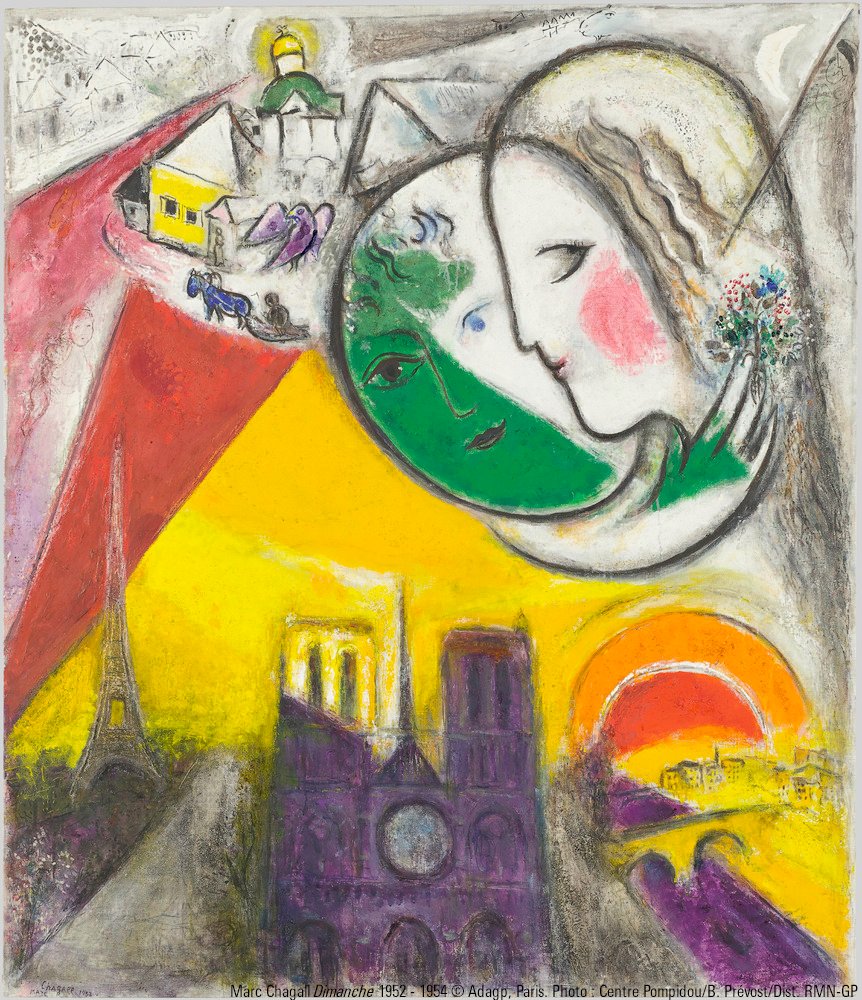 On vous souhaite un dimanche aussi ensoleillé que celui de Marc Chagall ! ☀ Dans une toile lumineuse et ornée de monuments emblématiques de la ville de Paris, l'artiste célèbre l'amour. Plus d'œuvres ici 👉bit.ly/CP_Chagall