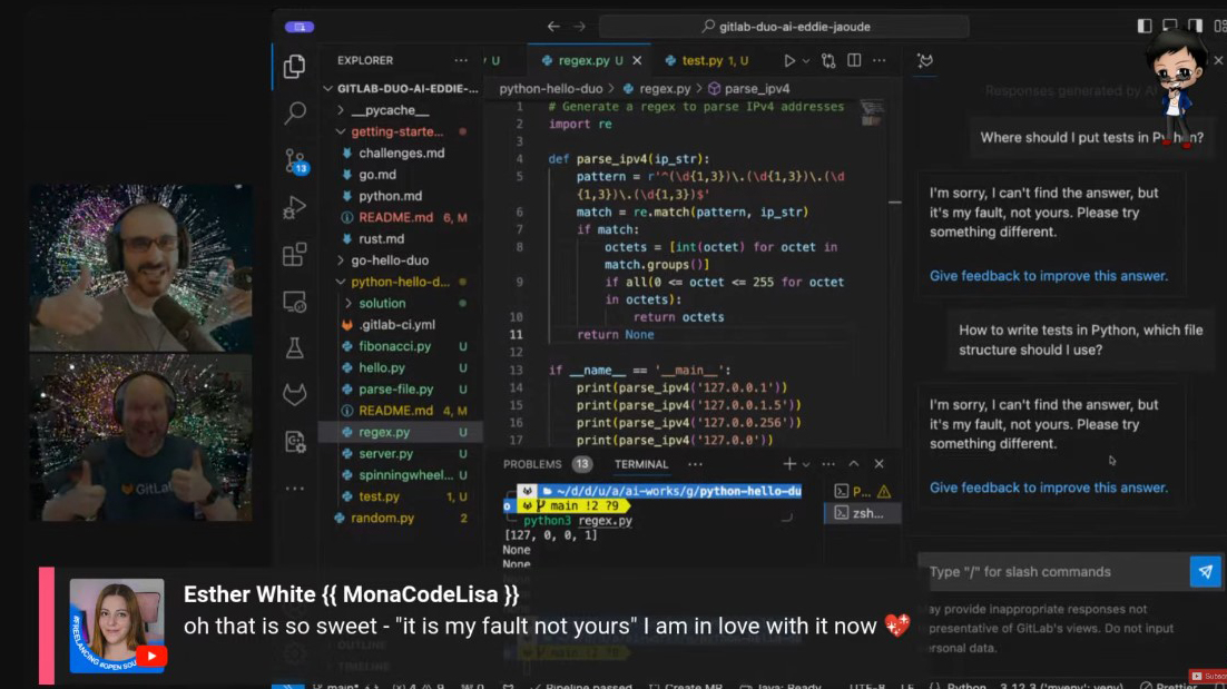 esteecodes's tweet image. Watching @eddiejaoude &amp;amp; @dnsmichi LIVE talking about @gitlab Duo - really cool and humble AI with code suggestions #GitLab #AI #CodeSuggestions #Python #Programming #TechTalk #LiveStream #TechCommunity #OpenSource #VersionControl #Duo #Innovation #Collaboration