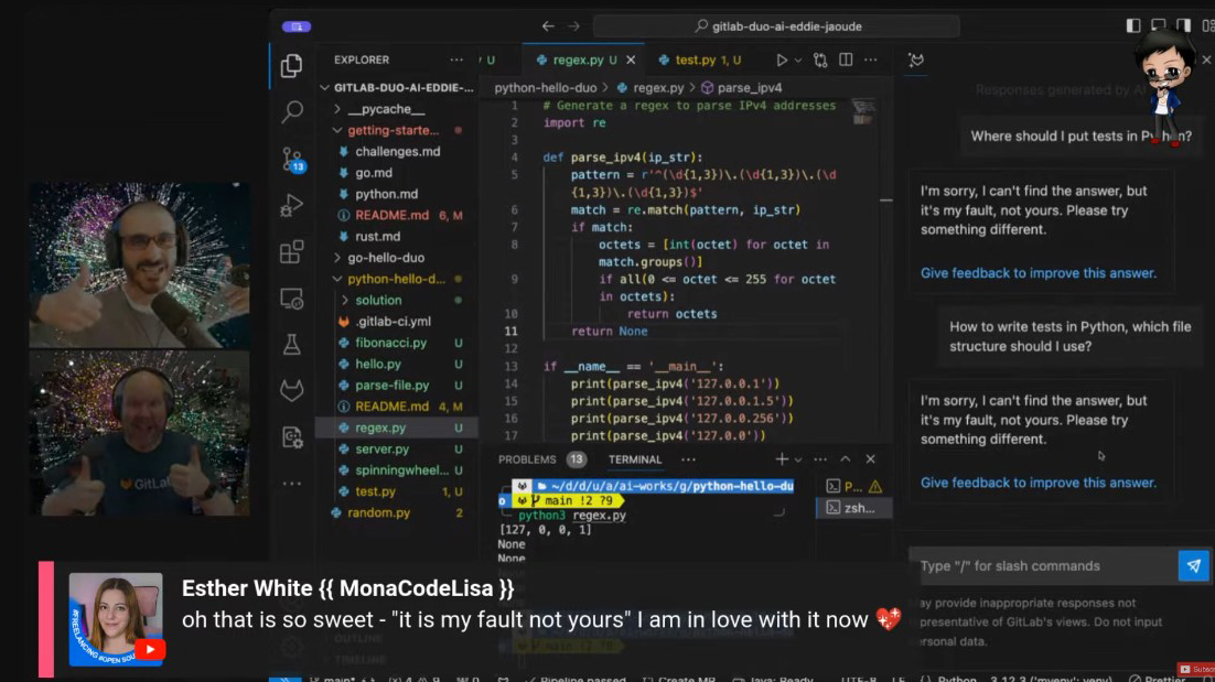 Watching @eddiejaoude & @dnsmichi LIVE talking about @gitlab Duo - really cool and humble AI with code suggestions #GitLab #AI #CodeSuggestions #Python #Programming #TechTalk #LiveStream #TechCommunity #OpenSource #VersionControl #Duo #Innovation #Collaboration