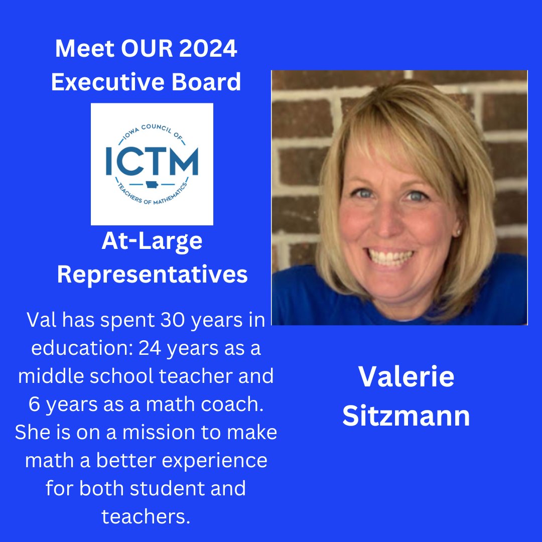 Meet Val Sitzmann Our 2024 At-Large Representatives! iowamath.org #iowamathteach #mathteach #elemmath #iteachmath #mtbos #mathcoach #iaedchat #iatlc