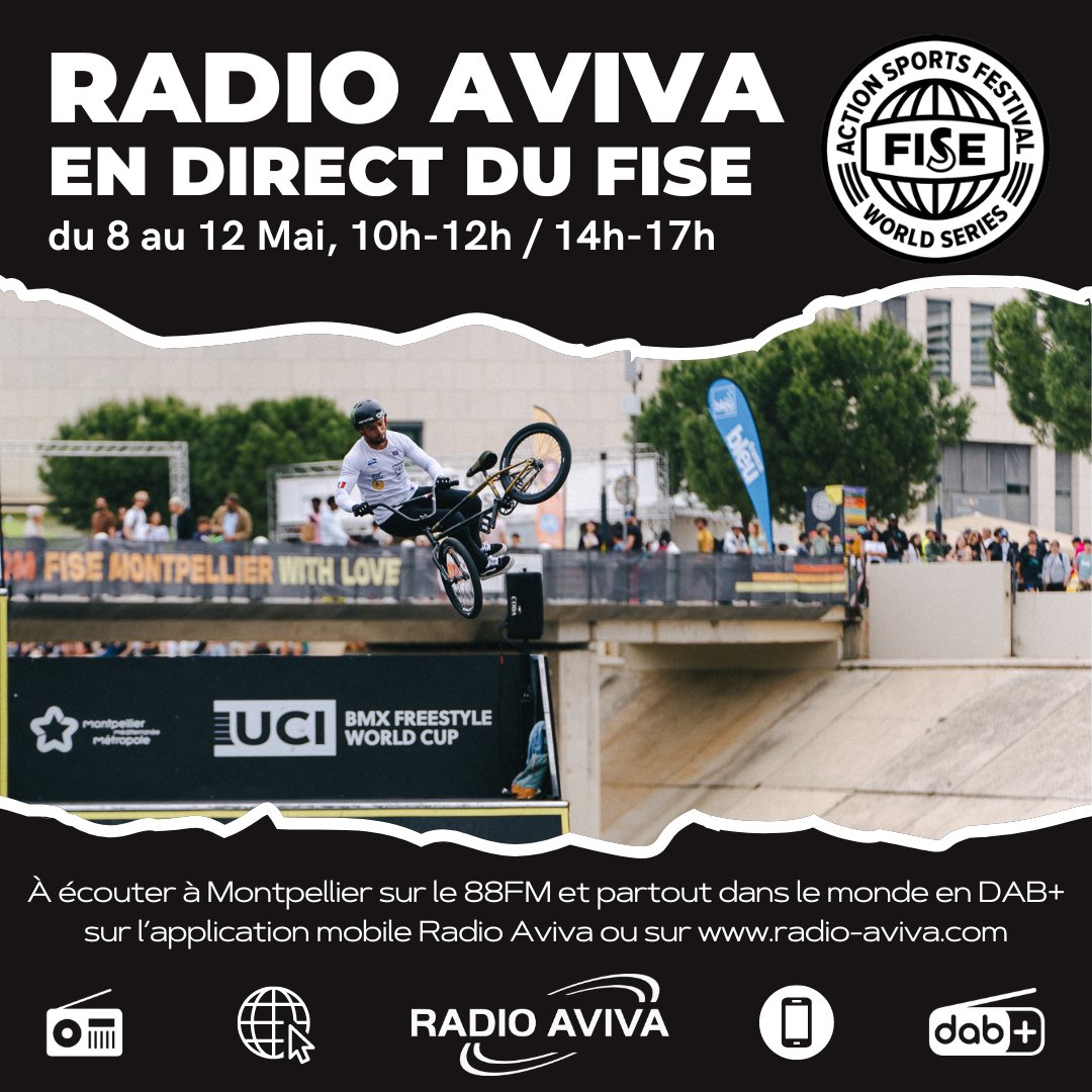 RadioAviva66's tweet image. 🛹 RADIO AVIVA au FISE édition 2024.

🎙️ À l’antenne du 8 au 12 Mai de 10h à 12h et de 14h à 17h.

📸@GroupHurricane - FISE

@fiseworld #FISE #fiseworld #FISEMONTPELLIER #sports #extreme #montpellier