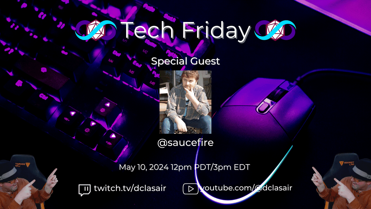 This week on #TechFriday, my guest will be the amazing @SaucefireTV . We'll be talking about the tech we use for charity streams and more!