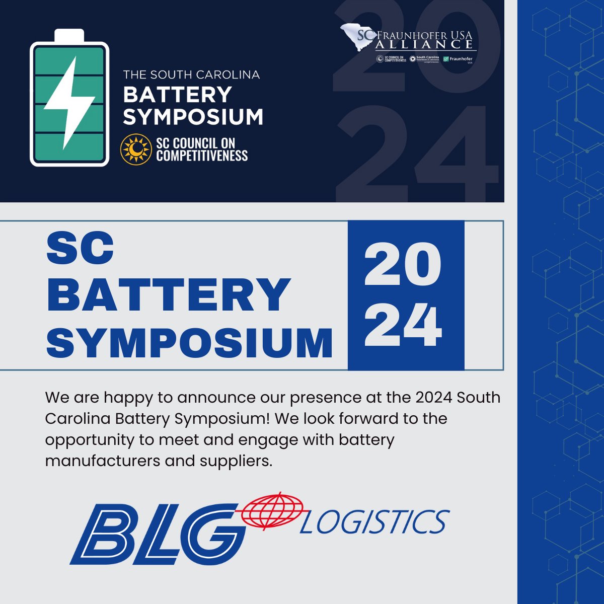 BLGLogisticsUS's tweet photo. 🔋 Exciting News! 🔋 

We are thrilled to announce that BLG Logistics will be represented at the upcoming South Carolina Battery Symposium by our very own Eva Knott! 🎉 

Let's collaborate, share insights, and power up our networks together! See you there! 💼✨ #BatterySymposium https://t.co/ODnmqhrC31