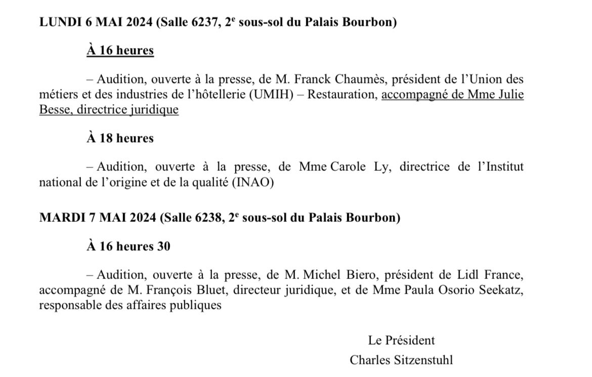 🌾 Cette semaine la commission d’enquête sur la souveraineté alimentaire auditionne l’@UMIH_France, l’INAO et Michel Biero président de @lidlfrance. #DirectAN #agriculture