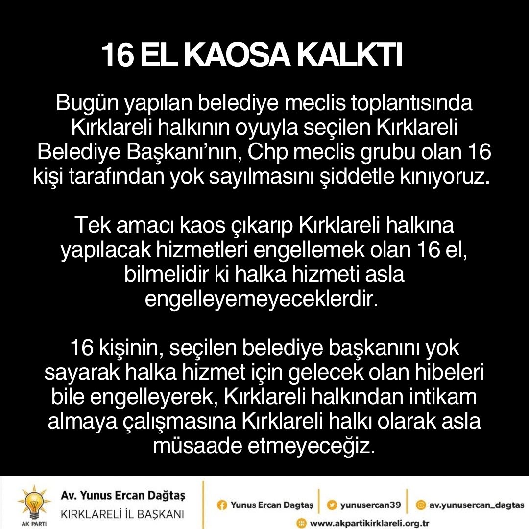 yunusercan39's tweet photo. 16 EL KAOSA KALKTI
Bugün yapılan belediye meclis toplantısında Kırklareli halkının oyuyla seçilen Kırklareli Belediye Başkanı’nın, Chp meclis grubu olan 16 kişi tarafından yok sayılmasını şiddetle kınıyoruz.
Tek amacı kaos çıkarıp Kırklareli halkına yapılacak hizmetleri engellemek olan 16 el, bilmelidir ki halka hizmeti asla engelleyemeyeceklerdir. 16 kişinin, seçilen belediye başkanını yok sayarak halka hizmet için gelecek olan hibeleri bile engelleyerek, Kırklareli halkından intikam almaya çalışmasına Kırklareli halkı olarak asla müsaade etmeyeceğiz. @erkankandemir @halisdalkilic @sabancopuroglu 
#Kırklareli