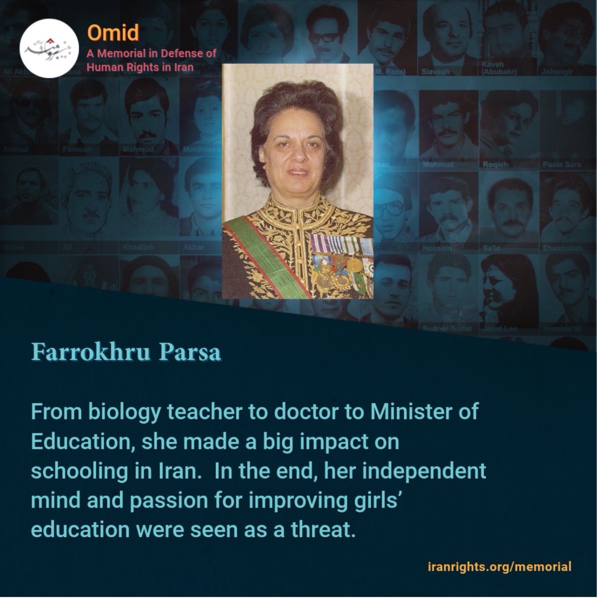 On May 8, 1980, #FarrokhruParsa, former Minister of Education and an outspoken supporter of women's rights in Iran, was executed by an Islamic Republic firing squad. Read her story on #OmidMemorial: iranrights.org/memorial/story…