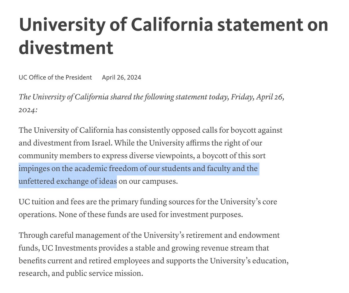 The University of California system (UC Berkeley, UCLA, etc.) reiterated its opposition to boycotts against and divestment from Israel on Apr. 26. Such a boycott 'impinges on the academic freedom of our students and faculty and the unfettered exchange of ideas on our campuses.'