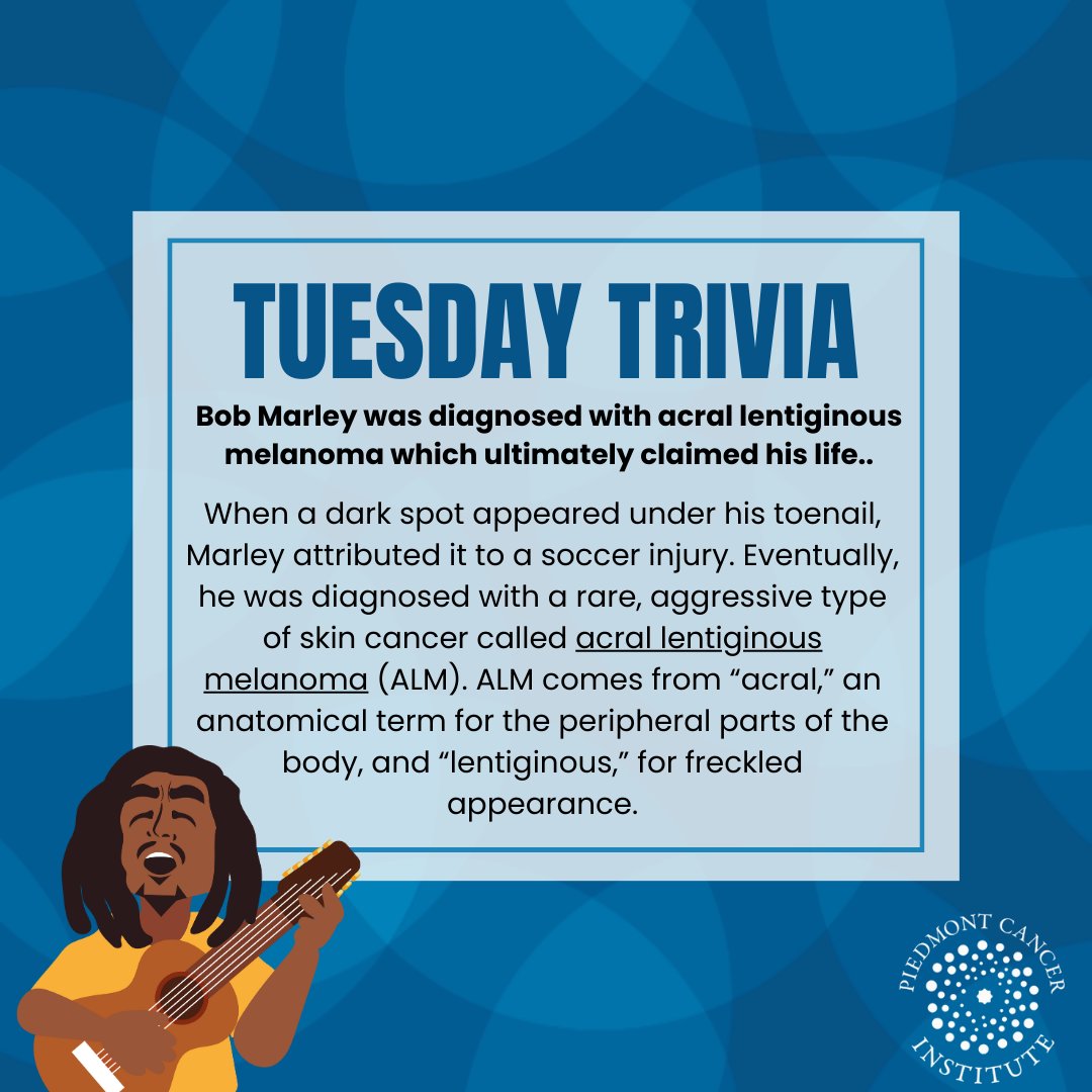 Remembering Bob Marley is a reminder that anyone—of any age or skin tone—can develop melanoma. If you see anything new, changing or unusual, it’s time to “get up, stand up,” and get it checked out by a doctor.

#TuesdayTrivia