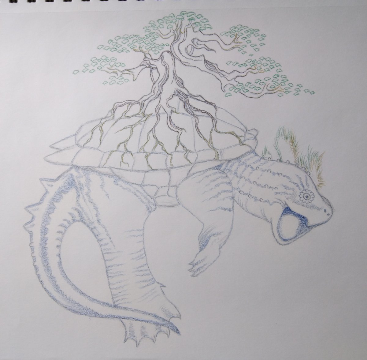 Starting work on shading for this one. #snappingturtle #turtleart #turtledrawing #bonsaitree #bonsaiart #colorpencilart #colorpencildrawing #colorpencilsketch #prismacolorpencils #prismacolor