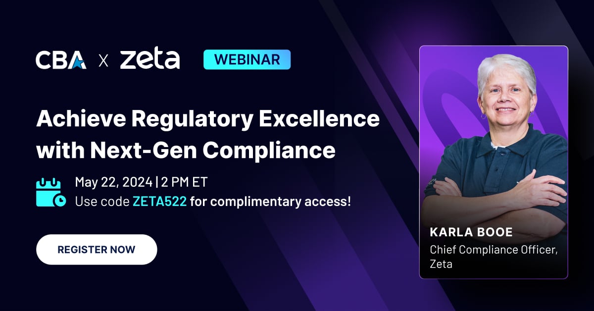 Don't miss our Chief Compliance Officer, Karla Booe, as she unveils Next-Gen Compliance and its pivotal role in achieving regulatory excellence in banking. Register now: hubs.ly/Q02wl4SG0 and use code ZETA522 for complimentary access! #Zeta #NextGenCompliance #CBA