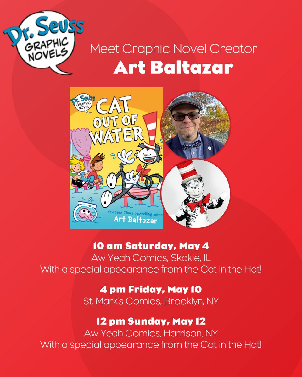Missed @artbaltazarawyeah last week? You’re in luck! 😸

You have two more chances to meet the author of CAT OUT OF WATER, a brand new graphic novel featuring @drseuss’s The Cat and The Hat!

See you next week, NYC: bit.ly/Baltazar-Events 🗽