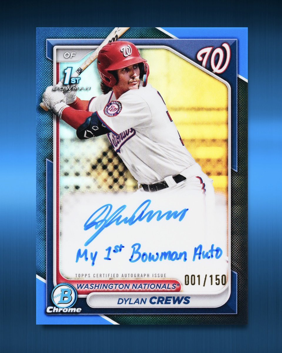 We’re excited to announce that 2024 Bowman will feature a “My 1st Bowman Auto” inscription on various 001/150 Blue Refractor Prospect Autographs.