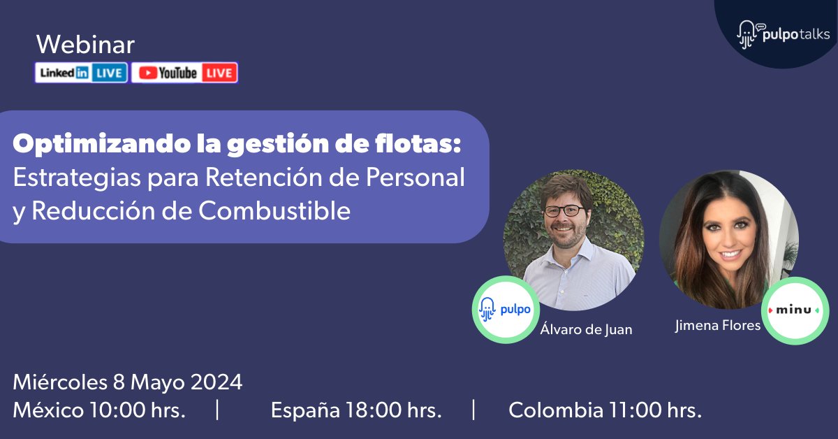 ¡Ya es mañana! unete a nuestro Webinar. "Optimizando la Gestión de Flotas: Estrategias para Retención de Personal y Reducción de Combustible". hubs.li/Q02vByPH0

🗓 Fecha: Miércoles 8 de Mayo
⏰ Hora: 10 hrs México 🇲🇽 / 18 hrs España 🇪🇸 / 11 hrs Colombia 🇨🇴