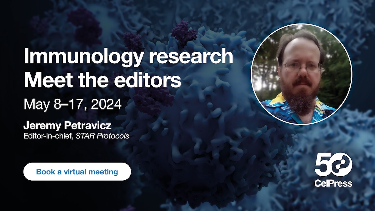 Book a virtual meeting with @STARProtocols Editor-in-Chief @JeremyNeuro, May 8–17, to discuss your #immunology research: hubs.li/Q02vRTBr0 #AAI2024
