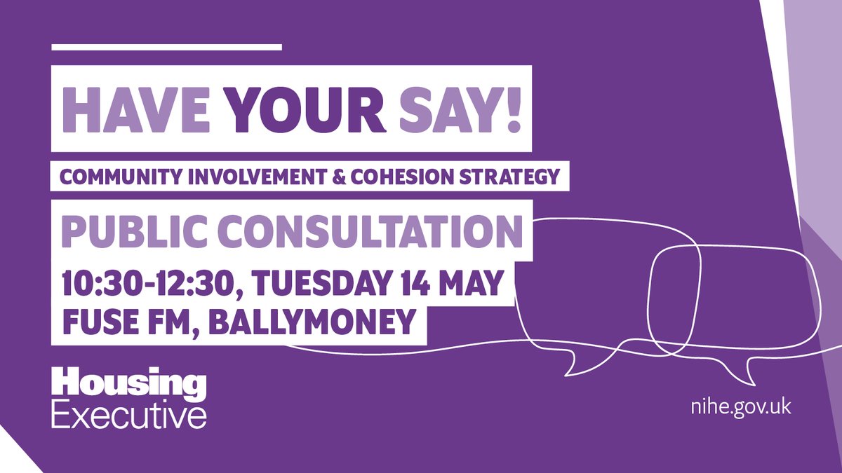 We are hosting a public consultation engagement event for our draft Community Involvement and Cohesion Strategy 2024 – 2029, taking place on Tuesday, 14th May, between 10.30am and 12.30pm, at Fuse FM in Ballymoney. Register to attend at: comm_involvementcohesion@nihe.gov.uk