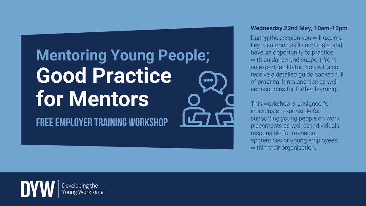 On 22nd May, come along to our free employer training session to learn about good practice for mentors. The session will explore key mentoring skills and tools to help increase your confidence in mentoring young people. Book now: forms.office.com/e/JXMxUVT0ih #DYWScot