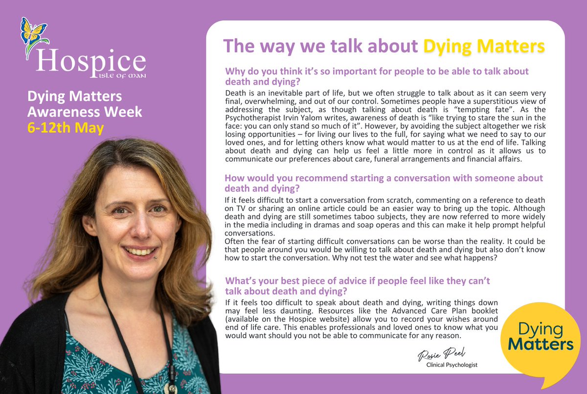 If you’ve had involvement with Hospice, then you may have come across our wonderful Rosie Peel. Rosie is one of our Clinical Psychologists. Rosie is here to help people through having those hard conversations, because the way we talk about dying, matters💜💜 #DyingMatters2024