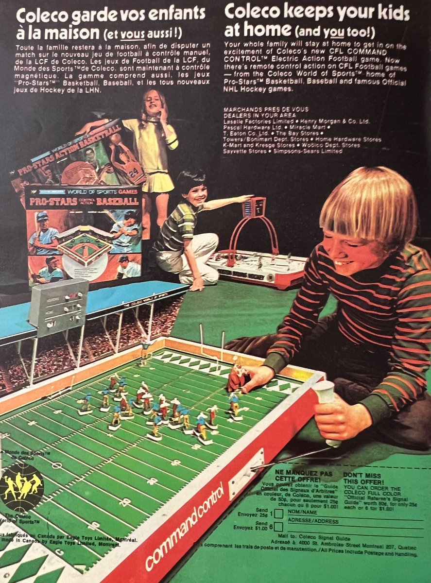 Remembering the Coleco CFL football games. This Electric vibrating game was promoted in September 1971 issue of Canadian Football News. It could be purchased through this ad or at selected department stores. Coleco also sold similar hockey, baseball and basketball games.
