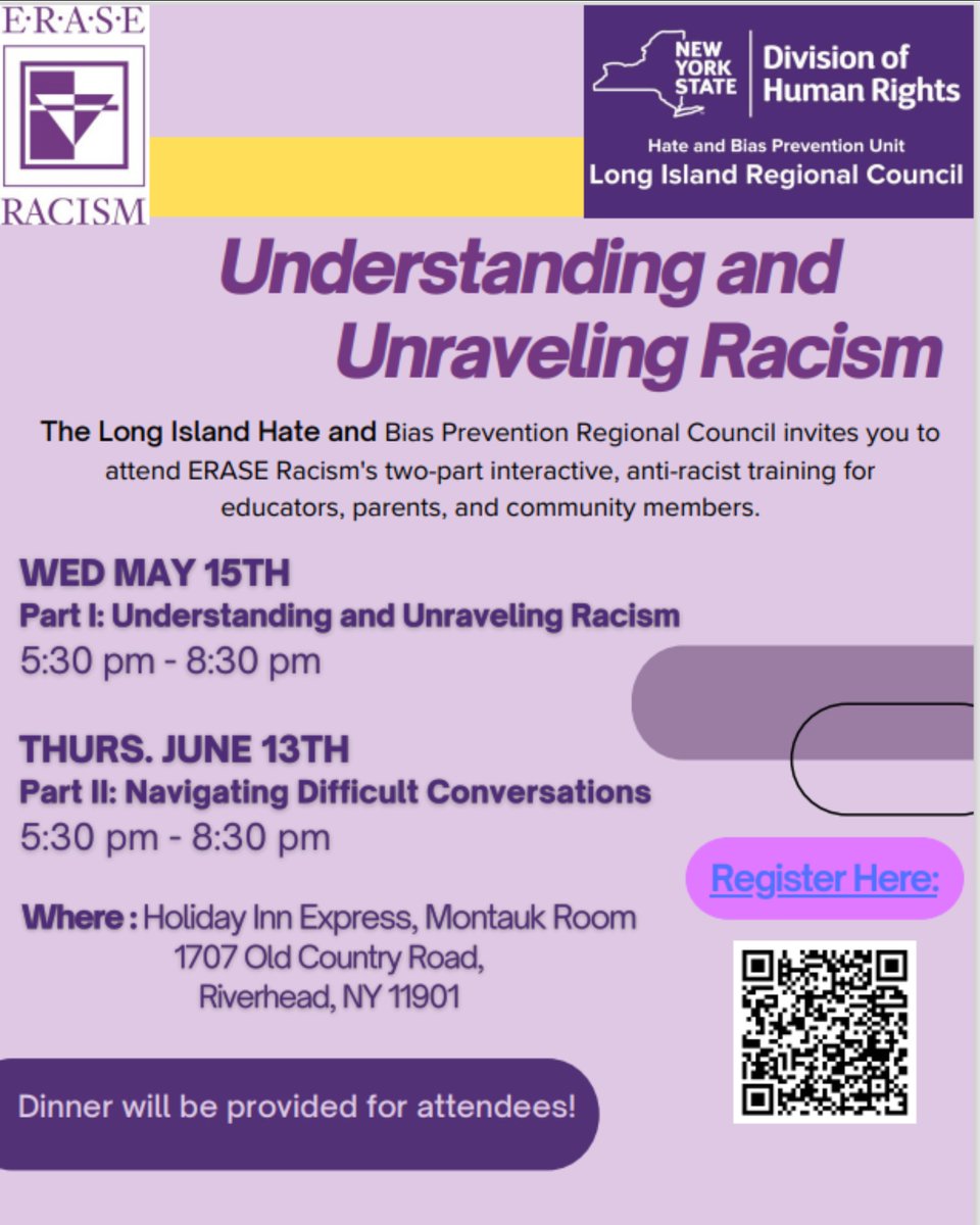 Join the HBPU Long Island Regional Council in Riverhead on 5/15 at 5:30 pm for Part I of @EraseRacism anti-racist training 'Understanding and Unraveling Racism.' This two part training is for educators, parents, and community members. Register here: dhr.ny.gov/events