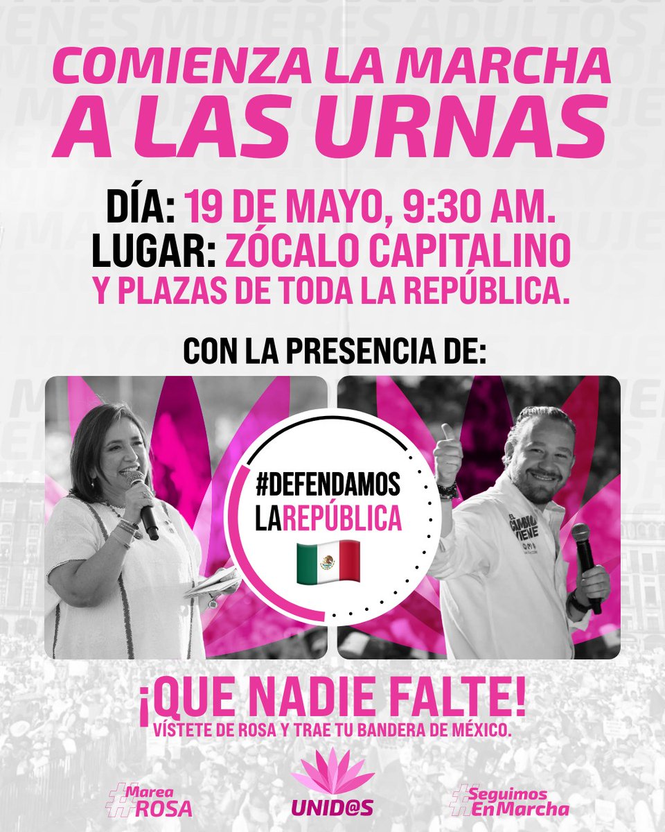 Este 19 de mayo la ciudadanía tiene una lucha con la democracia ¡#DefendamosLaRepública! El primer paso lo daremos en el zócalo capitalino ¡Y todo el país!  

Regístrate: unidospormx.com/votolibre/

#MareaRosaMayo19 #SeguimosEnMarcha