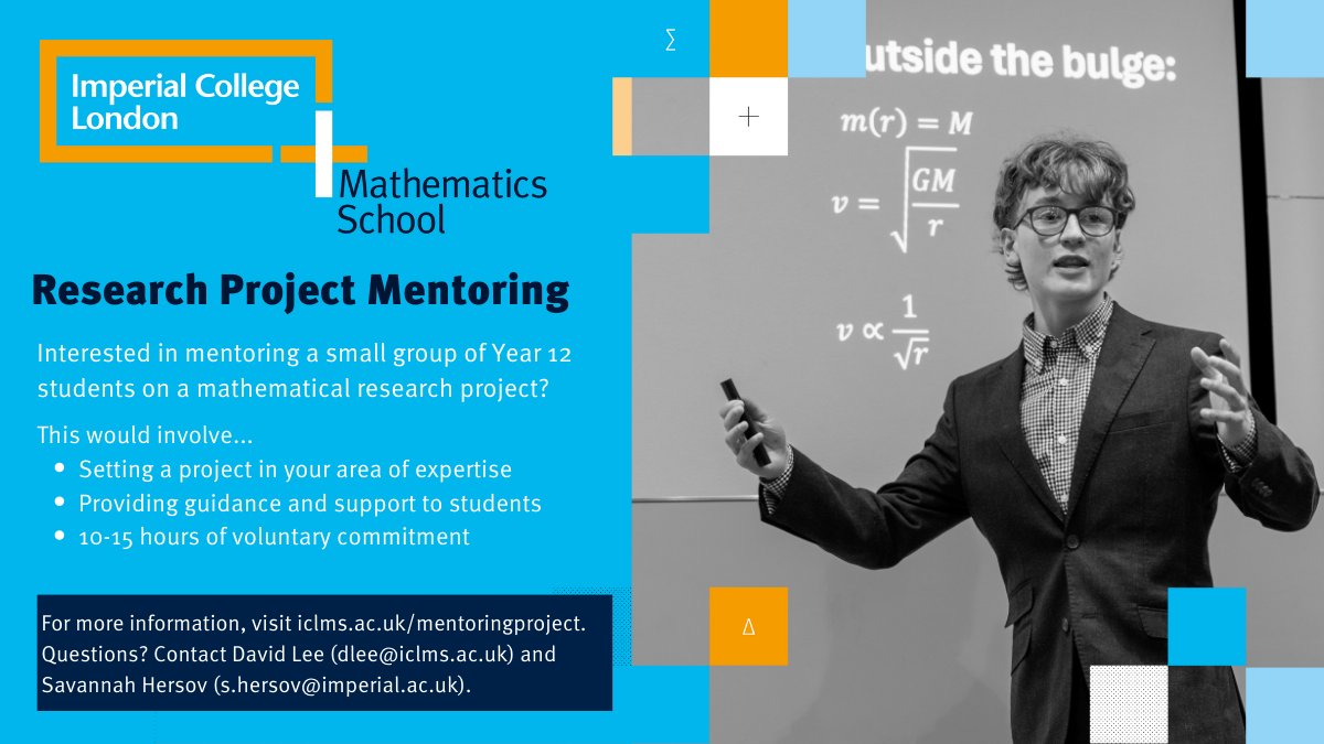 📢We're looking for mentors working in business/industry, or academic mentors at PhD level and above to work with small groups of Year 12 students on a research project. This is a great chance to support young people interested in STEM!

More info at➡️🔗iclms.ac.uk/mentoringproje…