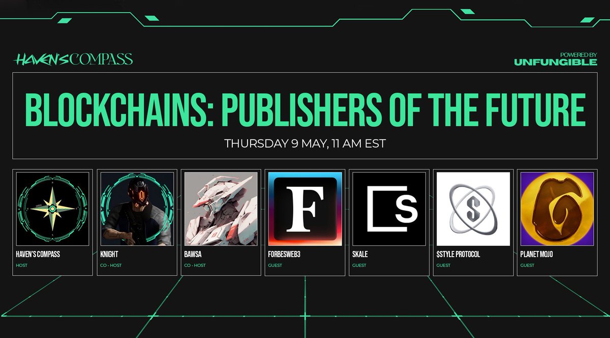Blockchains: Publishers of The Future Join our Spaces hosted by @Web3Knight & @nftbawsa Featuring our guests: @SkaleNetwork , @ForbesWeb3 , @STYLEProtocol and @PlanetMojoGames