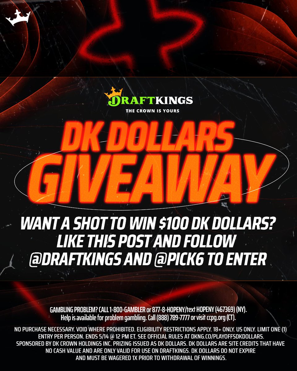 DraftKings's tweet image. DK DOLLARS GIVEAWAY 👑

1. Like this post
2. Follow @draftkings and @pick6

10 winners. Ends 5/14/24 at 12pm ET. T&amp;amp;Cs: dkng.co/PlayoffsDKDoll…