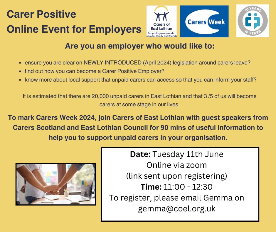 📢Calling ALL employers 📢 As part of #CarersWeek2024, Carers of East Lothian are hosting an online event for all employers including charities Tuesday 11th June, 11am - 12:30pm To register, please email Gemma from Carers of East Lothian on gemma@coel.org.uk