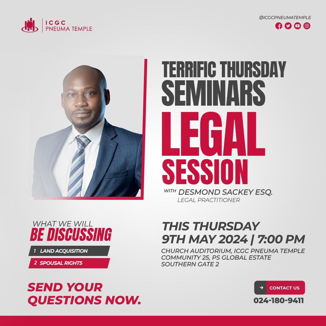 Come, and get equipped with the legalities of Land Acquisition and your Spousal Rights this Thursday at 7pm prompt.

See you around! #icgcpneumatemple
#Pneuma@12
#thepowerofGod
#spiritwordservice🔥
 #sundayswithpastorjc
#icgcworldwide
#WeAreICGC
#ICGCat40
#sundaysAtICGC