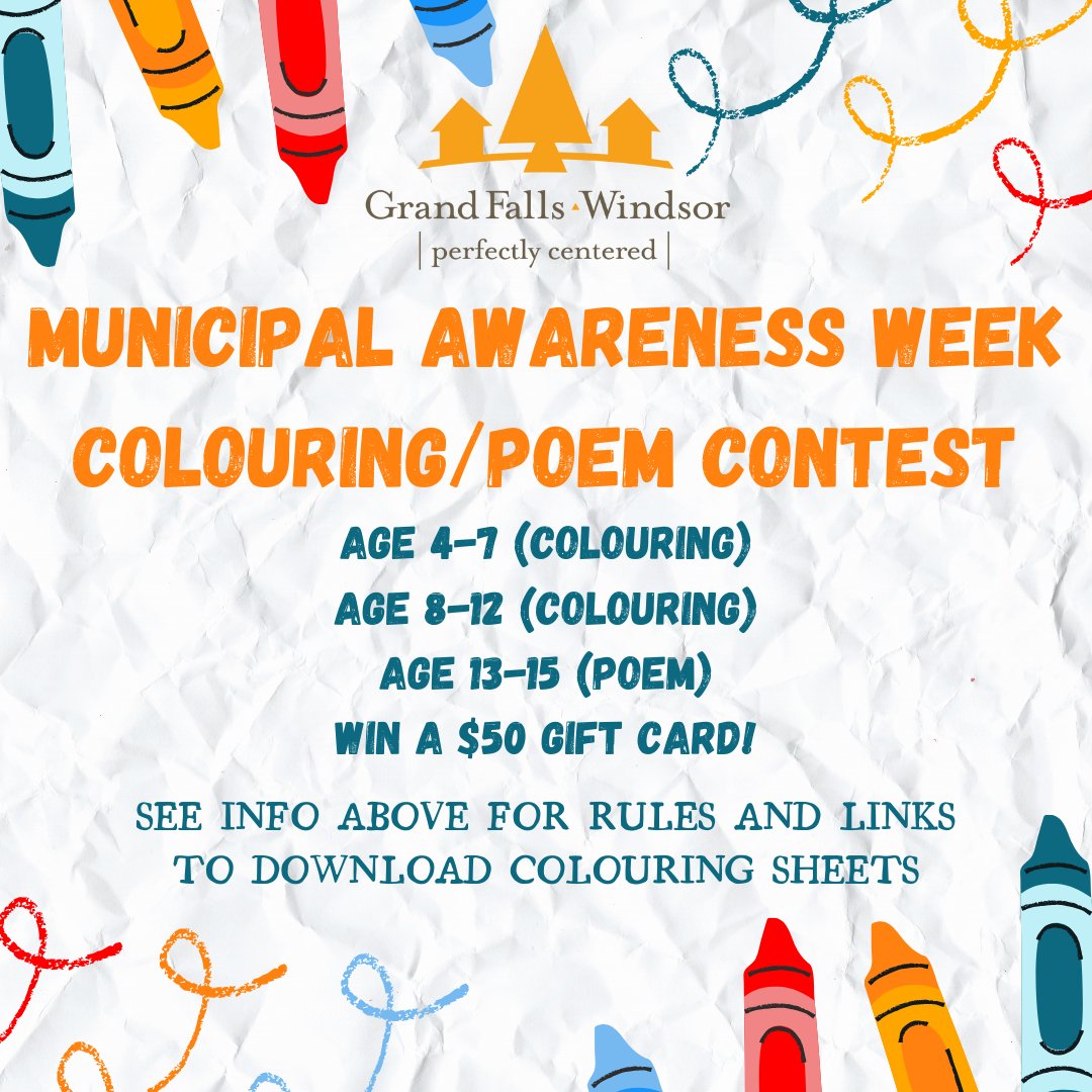 As part of Municipal Awareness Week, enter our Colouring/Poem contest for your chance to win a $50 gift card! Ages 4-12 can enter our Colouring Contest, while ages 13-15 can submit a poem. Colouring pages and more info here: grandfallswindsor.com/xo_event/munic….