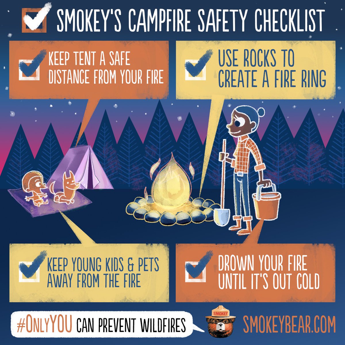 Who likes to hit the great outdoors and sit around a campfire? 🙋‍♀️🙋‍♂️ Campfires smaller than 3 feet in diameter don’t require a burn permit, but one thing they do require is to ensure they’re ☠️. Follow these tips from our friend @smokey_bear #AKWildfirePreventionAndPrepWeek