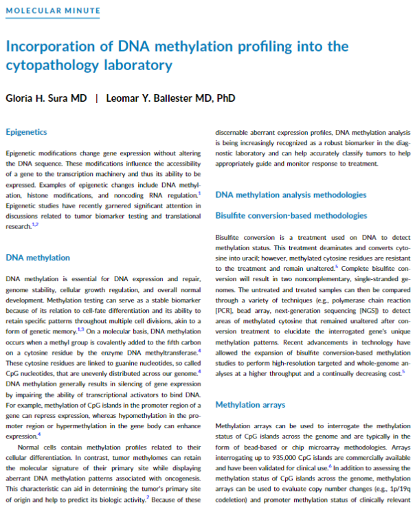 Did you know uses of DNA methylation profiling in #cytology? 👉 Determining unknown primary 👉 Tumor reclassification 👉 Prognostication 👉 Monitoring Rx 👉 Early detection Read this article re: DNA methylation profile in a #cytopath #laboratory acsjournals.onlinelibrary.wiley.com/doi/full/10.10…