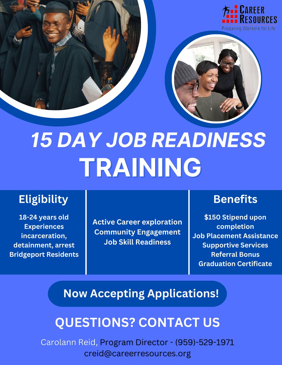 Career Resources Inc. is offering 15-day job readiness training! Eligible participants will receive a $150 stipend upon completion with job placement assistance, supportive services, a referral bonus, and more! For more info or to apply, call Carolann Reid at 959-529-1971.