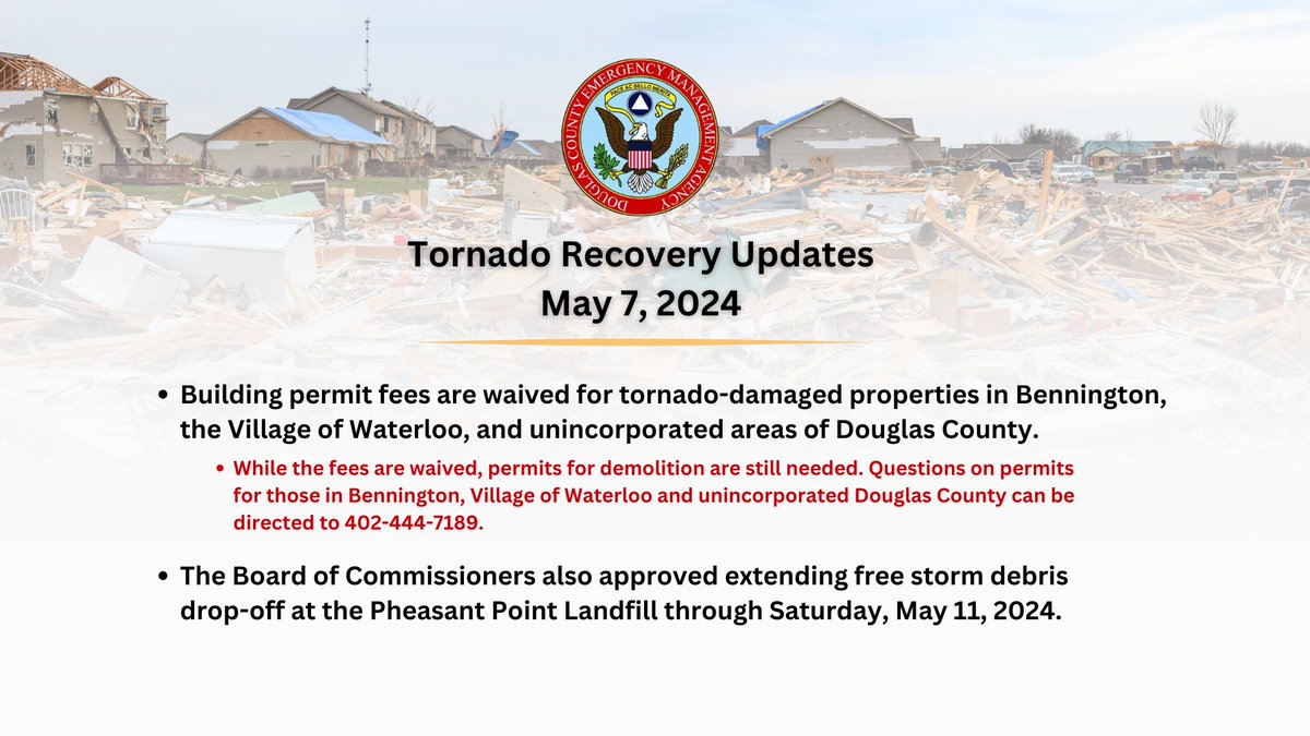 On Tuesday, the @DouglasCountyNE Board approved waiving building permit fees for tornado-damaged properties in Bennington, the Village of Waterloo, and unincorporated areas of @DouglasCountyNE. Please read below for more details or call 402-444-7189.