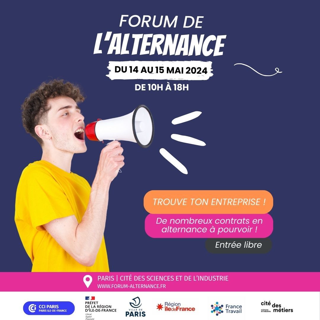 ⏰  J-7 avant le Forum de l'alternance !
🏃‍♂️ 2 jours pour trouver votre contrat en alternance 🤩 
📆 Les 14 et 15 mai, 10h-18h
📍 <a href="/citedessciences/">Cité des sciences et de l'industrie</a>
Avec <a href="/CCI_75/">CCI Paris</a> <a href="/FTravail_IDF/">France Travail Île-de-France</a> <a href="/Prefet75_IDF/">Préfecture de la région d’Île-de-France</a> <a href="/iledefrance/">Région Île-de-France</a>