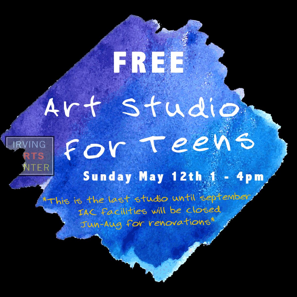 Last chance for a few months to come out and create art in a free space! Bring your projects or come and use our supplies for improvised fun! #secondsunday #teenart #artclass #freeartclasses #freeart #sundayfunday #irvingevents #irvingartscenter #irvingarts #irvingtx