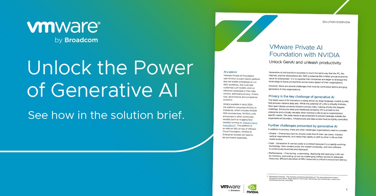 #GenAI can transform your business, but challenges related to privacy and security may be blocking adoption. How can you overcome these roadblocks and tap into its full potential? 🔑 Find the solution with @VMware Private AI Foundation with @nvidia: vmware.com/content/dam/di…