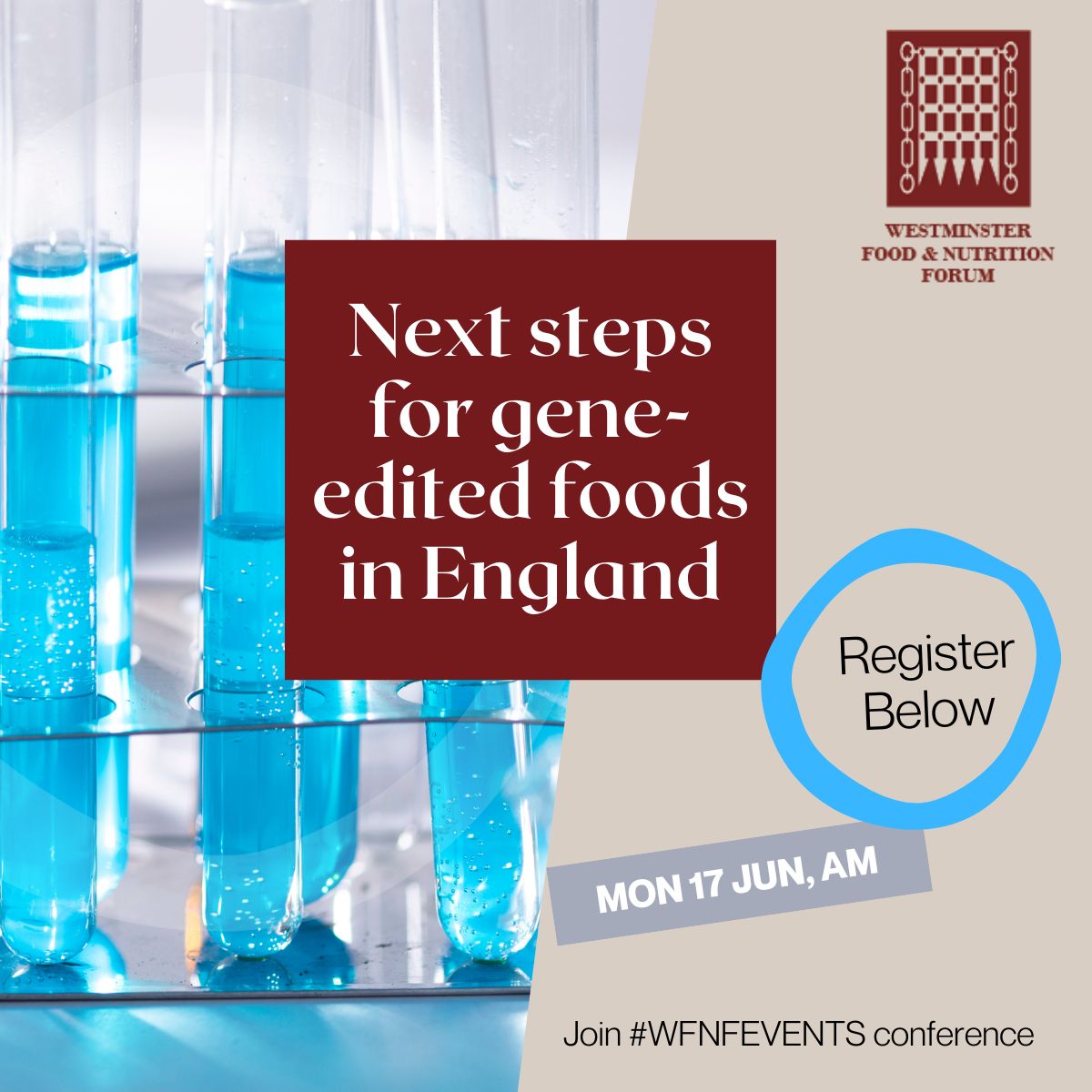 Westminster Food & Nutrition Forum are holding a conference called Next steps for gene-edited foods in England. Join them on the 17th of June to be a part of this conversation with speakers including @royalsociety @DefraGovUK @foodgov. More info: westminsterforumprojects.co.uk/conference/Gen…