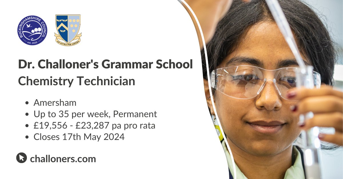 Dr Challoner's Grammar School seek to recruit a Chemistry Technician. This is a fantastic opportunity to work within a stimulating teaching and learning environment as part of a dynamic team. Find out more: ow.ly/4xOY50Ryvsz 

#ChemistryTechnician #JobsinSchools #Education