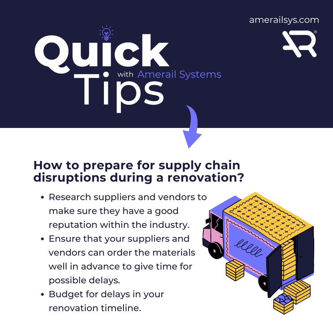 Here is a quick tip to kick off #tipofthedaytuesday!

Do you have a hotel renovation coming up? Prepare for supply chain disruptions by researching, budgeting, and ordering materials is advance. 

Check out our recent blog here: amerailsys.com/post/everythin…

#hoteldesign #hotelier