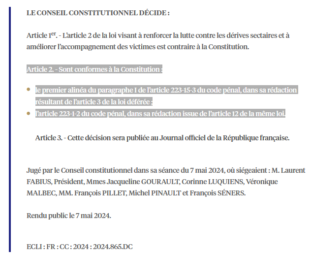 🔴 Le Conseil constitutionnel juge conformes à la Constitution l'article de loi sanctionnant toute incitation à abandonner ou ne pas suivre un traitement et celui sanctionnant le fait de placer ou maintenir une personne dans un état de sujétion psychologique ou physique. ⤵️ 1/n