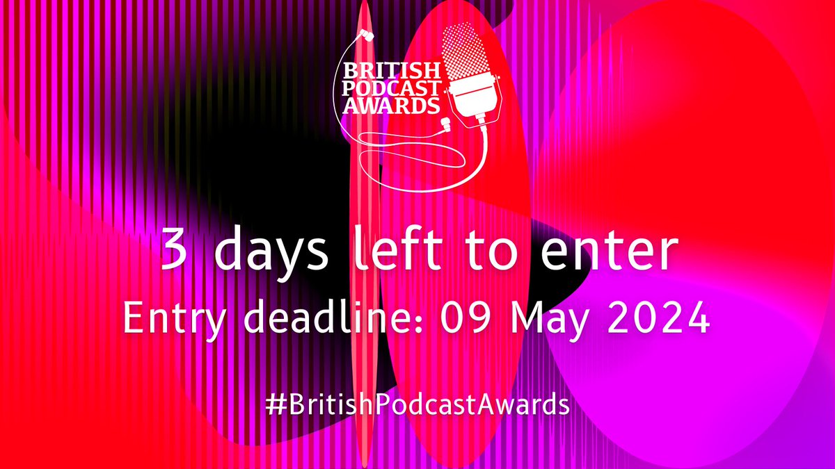 The countdown is on – 3 days left to complete your entry for the #BritishPodcastAwards 🚨 This year there are 27 awards up for grabs. Each category is designed to showcase a specific genre, format or personal achievement. Submit your entry now: shorturl.at/sDRS4 🎙️