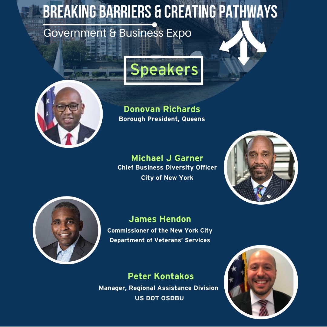 Don't miss out on insights from Industry Leaders at our Breaking Barriers & Creating Pathways Expo on June 7th! Hear about the goals and
opportunities between government and business.

Register now and be part of the expo!

Link in Bio to Register 🌟

#NYC #Queens #mwbe #Veteran