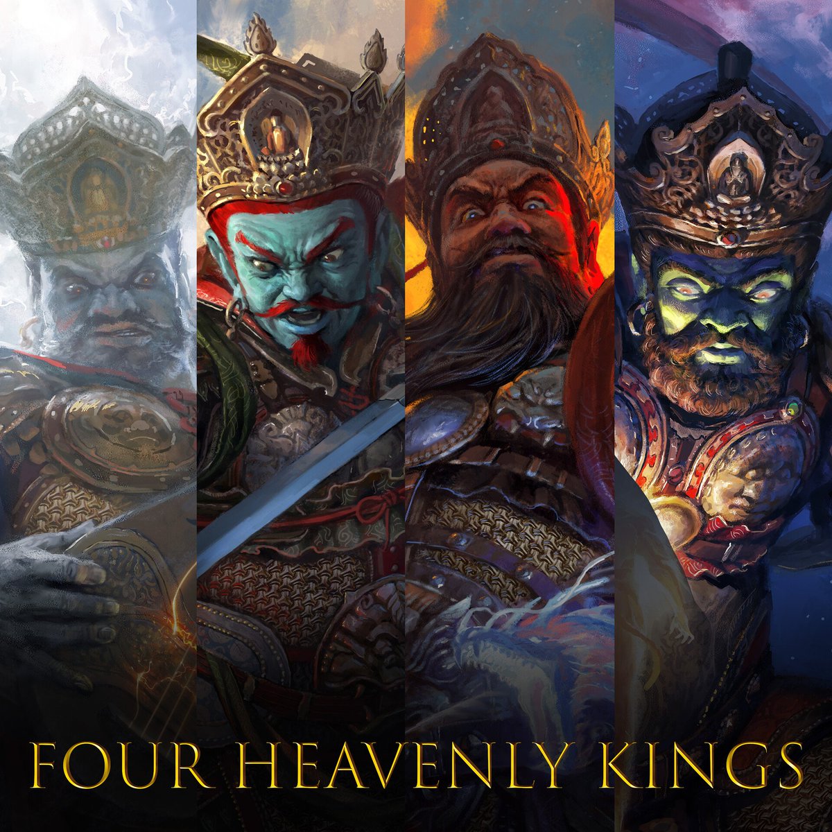 Four Heavenly Kings:🧵

The Four Heavenly Dharma Kings or the Four Guardian Kings, are a group of powerful beings in Buddhist mythology who play a significant role in protecting the Dharma, or the teachings of Buddha, and ensure the well-being of practitioners.
#Buddhism
#Myth