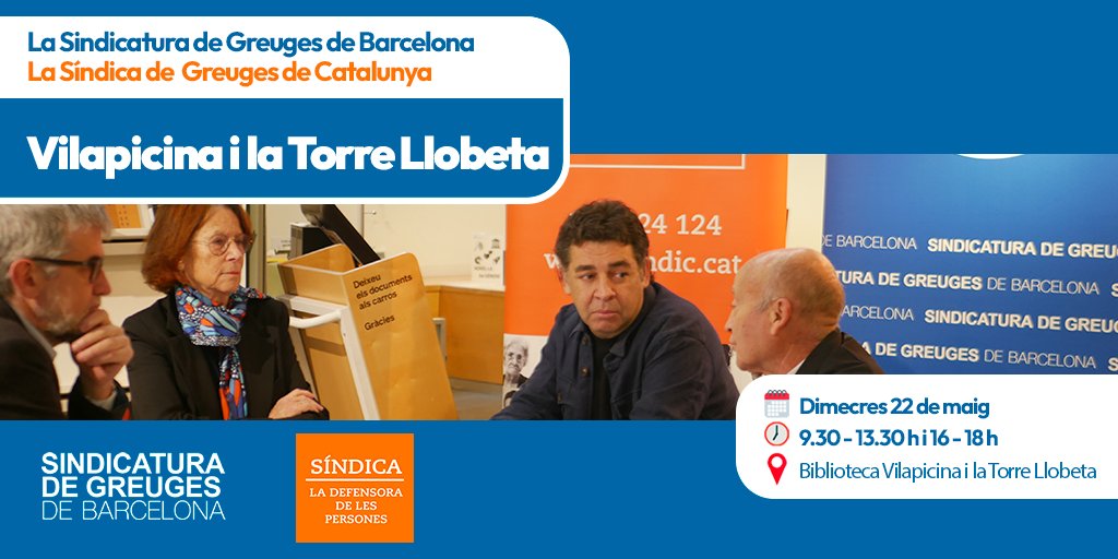 El proper dimecres 22, la @sindicaturabcn i la @sindicdegreuges de Catalunya seran a la Bibl. #Vilapicina i la #TorreLlobeta - C. Laforet per atendre el veïnat del barri. ☝️Voleu concertar una cita per traslladar-los consultes o queixes? Us expliquem com: ow.ly/S1lF50Ryj99