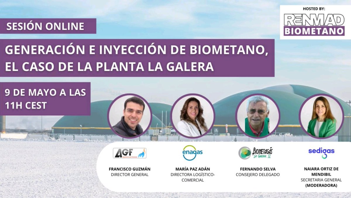 📢 El jueves 9 de mayo a las 11:00h tendrá lugar el Webinar 𝘎𝘦𝘯𝘦𝘳𝘢𝘤𝘪𝘰́𝘯 𝘦 𝘪𝘯𝘺𝘦𝘤𝘤𝘪𝘰́𝘯 𝘥𝘦 𝘣𝘪𝘰𝘮𝘦𝘵𝘢𝘯𝘰: 𝘦𝘭 𝘤𝘢𝘴𝘰 𝘥𝘦 𝘭𝘢 𝑝𝘭𝘢𝘯𝘵𝘢 𝘓𝘢 𝘎𝘢𝘭𝘦𝘳𝘢, organizado por RenMad Energy Events en colaboración con Sedigas.

En esta sesión conoceremos