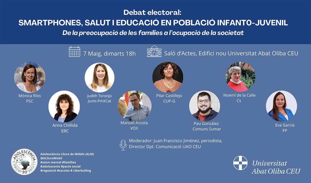 Podeu seguir en directe el #debat “Smartphones, salut i educació”, impulsat per @ALliureMobil amb la participació de representants de tots els partits polítics. @UAOCEU uaoceu.es/streaming