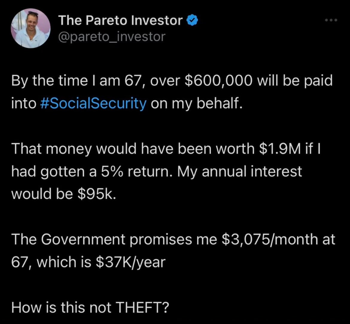 YALiberty's tweet image. Social Security is the biggest Ponzi scheme in history.
The program will be bankrupt before most people paying into it today will see a dime.