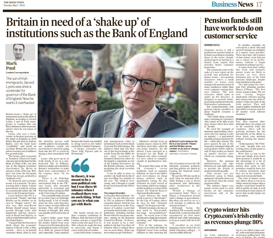 Having grown up in Kilburn and being the son of Irish immigrants, it was particularly great to be interviewed by @MarkPaulTimes of the @IrishTimes to discuss my career, the UK economy, how an overhaul of the Bank of England is needed - and the challenges of learning Gaelic