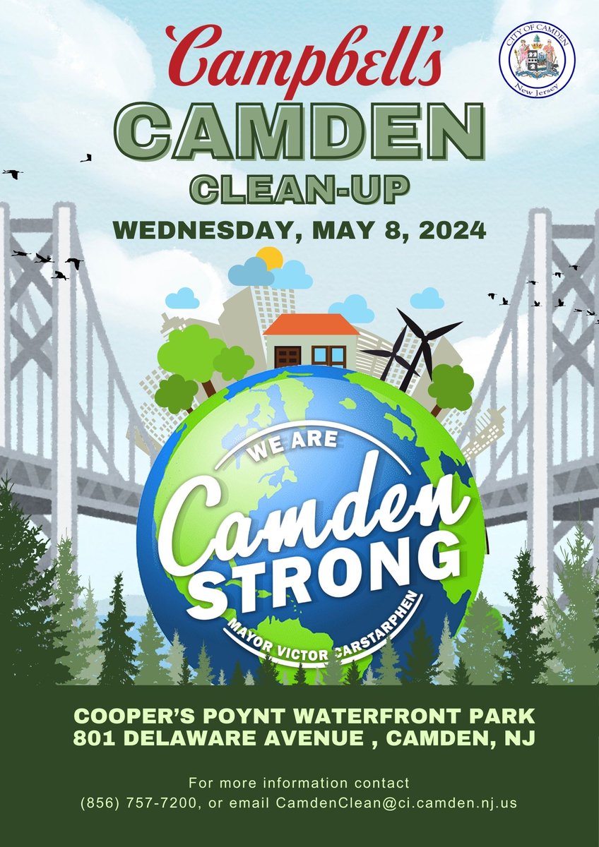 Join the City of Camden & Campbell’s at a special cleanup event tomorrow at 9:00 am at Cooper’s Poynt Waterfront Park! More information call 856-757-7200!